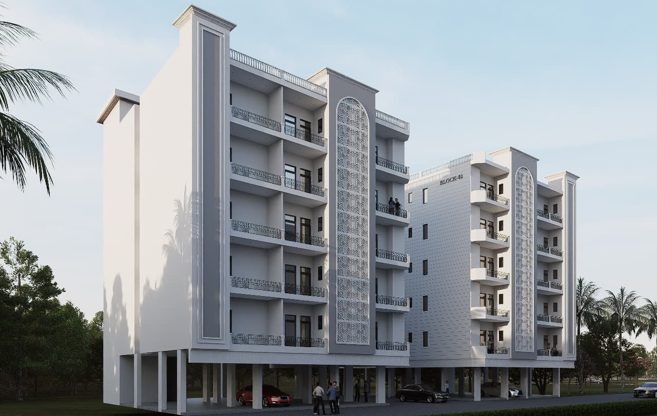 Twin Chalet low-rise architecture with balconies and decorative facade panels