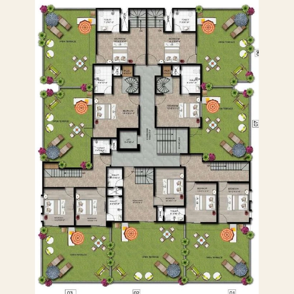 Upper-level furnished layouts with green terrace spaces